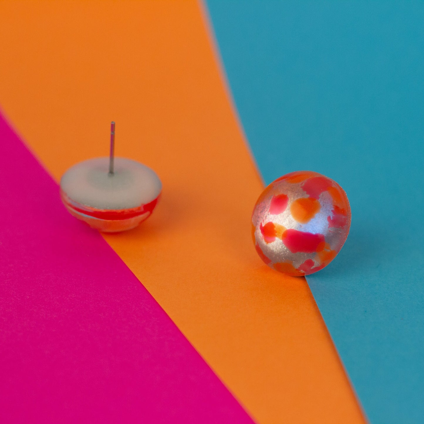 Cute Kidcore Stud Earrings With Hand-Painted Detail / Pink, Orange +Silver