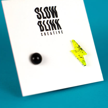 Mismatched Lightning Bolt Earrings / Neon Yellow + Black