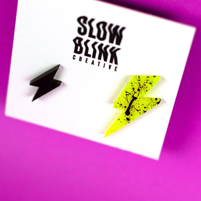 Mismatched Lightning Bolt Earrings / Neon Yellow + Black