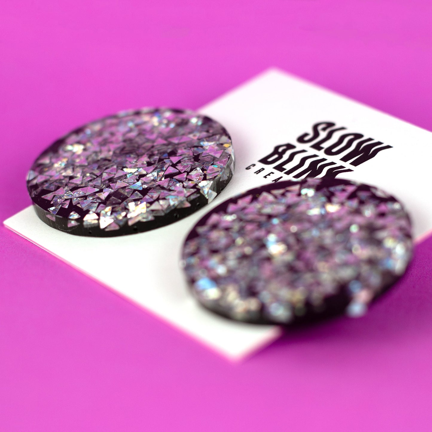 Holographic Maximalist Disc Earrings / Silver + Black