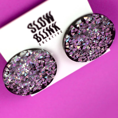 Holographic Maximalist Disc Earrings / Silver + Black