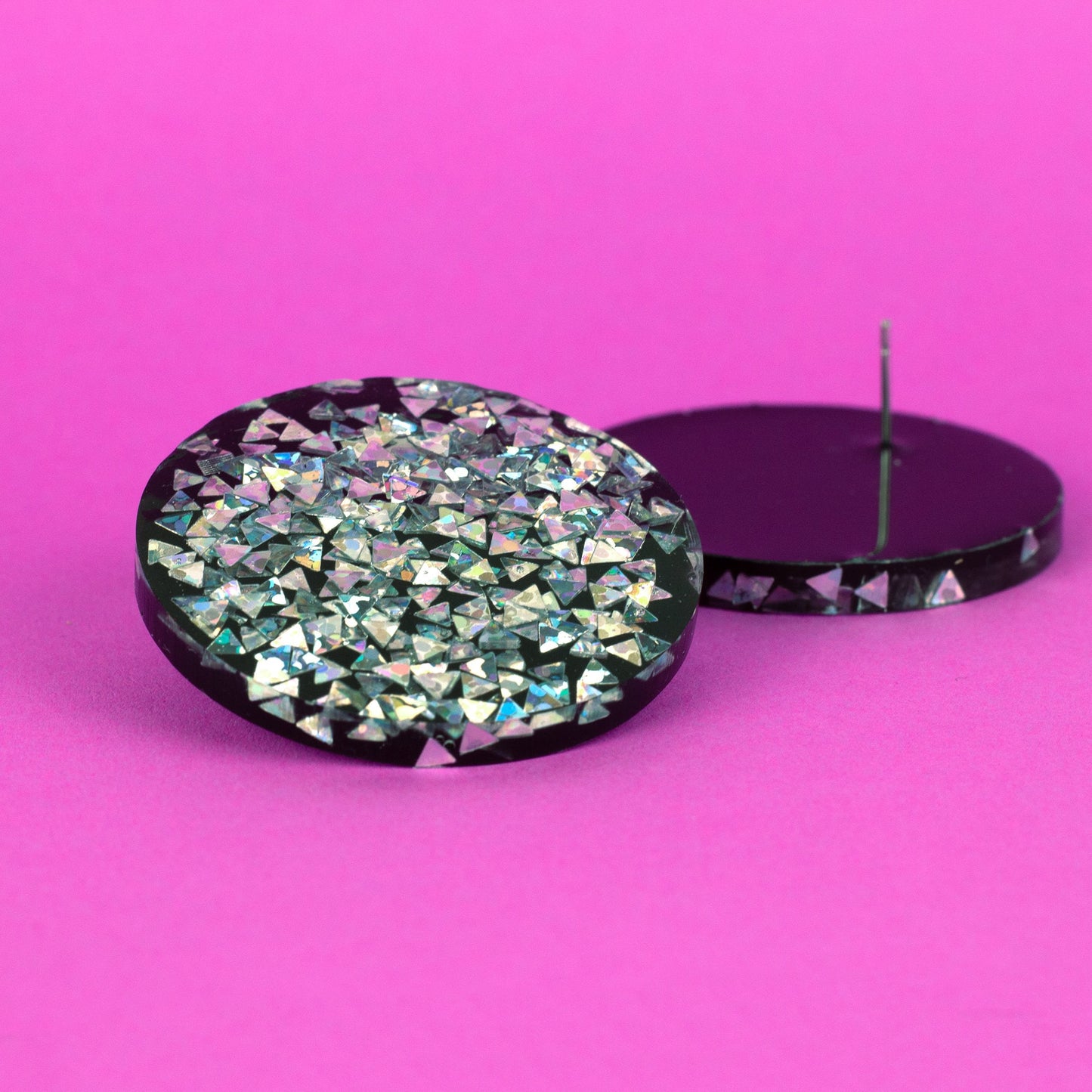 Holographic Maximalist Disc Earrings / Silver + Black