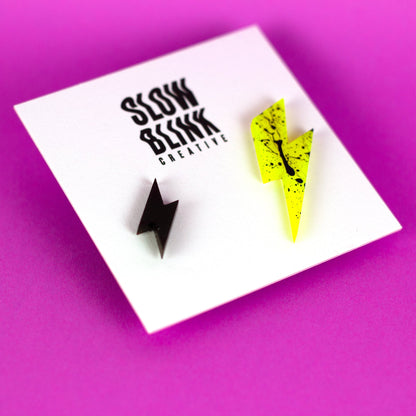 Mismatched Lightning Bolt Earrings / Neon Yellow + Black