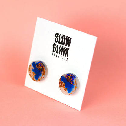 Abstract Colourful Disc Earrings / Royal Blue + Gold