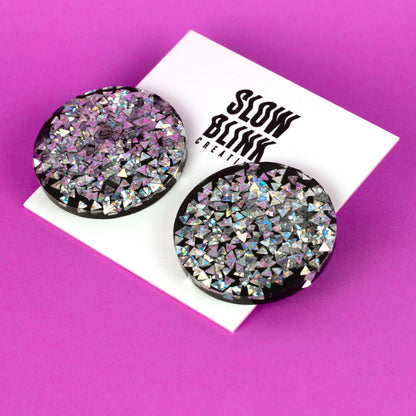 Holographic Maximalist Disc Earrings / Silver + Black