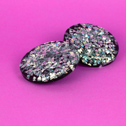 Holographic Maximalist Disc Earrings / Silver + Black