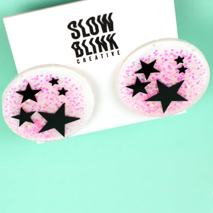 Black Stars + Iridescent Pink Glitter Kidcore Disc Earrings