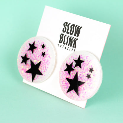 Black Stars + Iridescent Pink Glitter Kidcore Disc Earrings