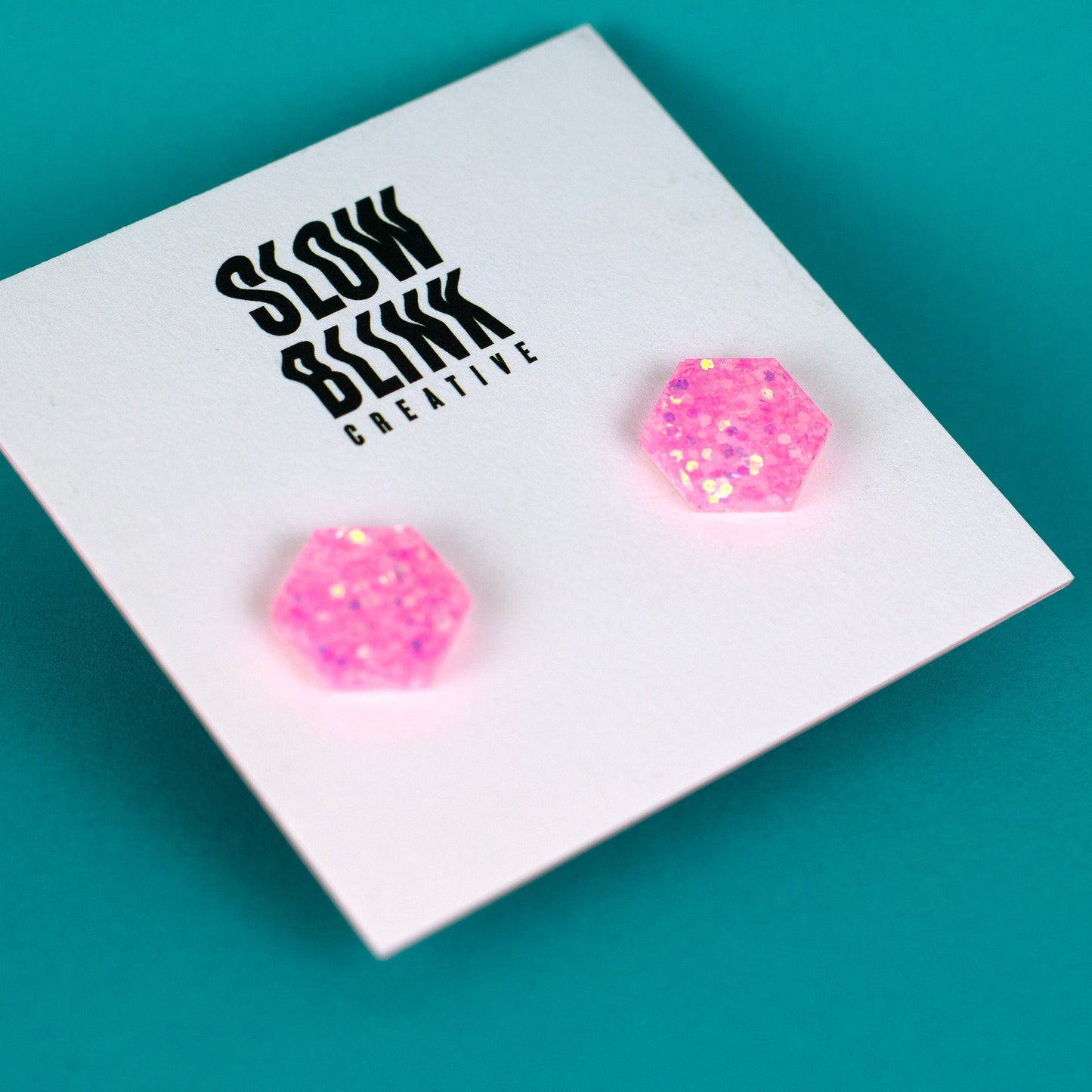 Bubblegum Pink Iridescent Glitter Hexagon Earrings