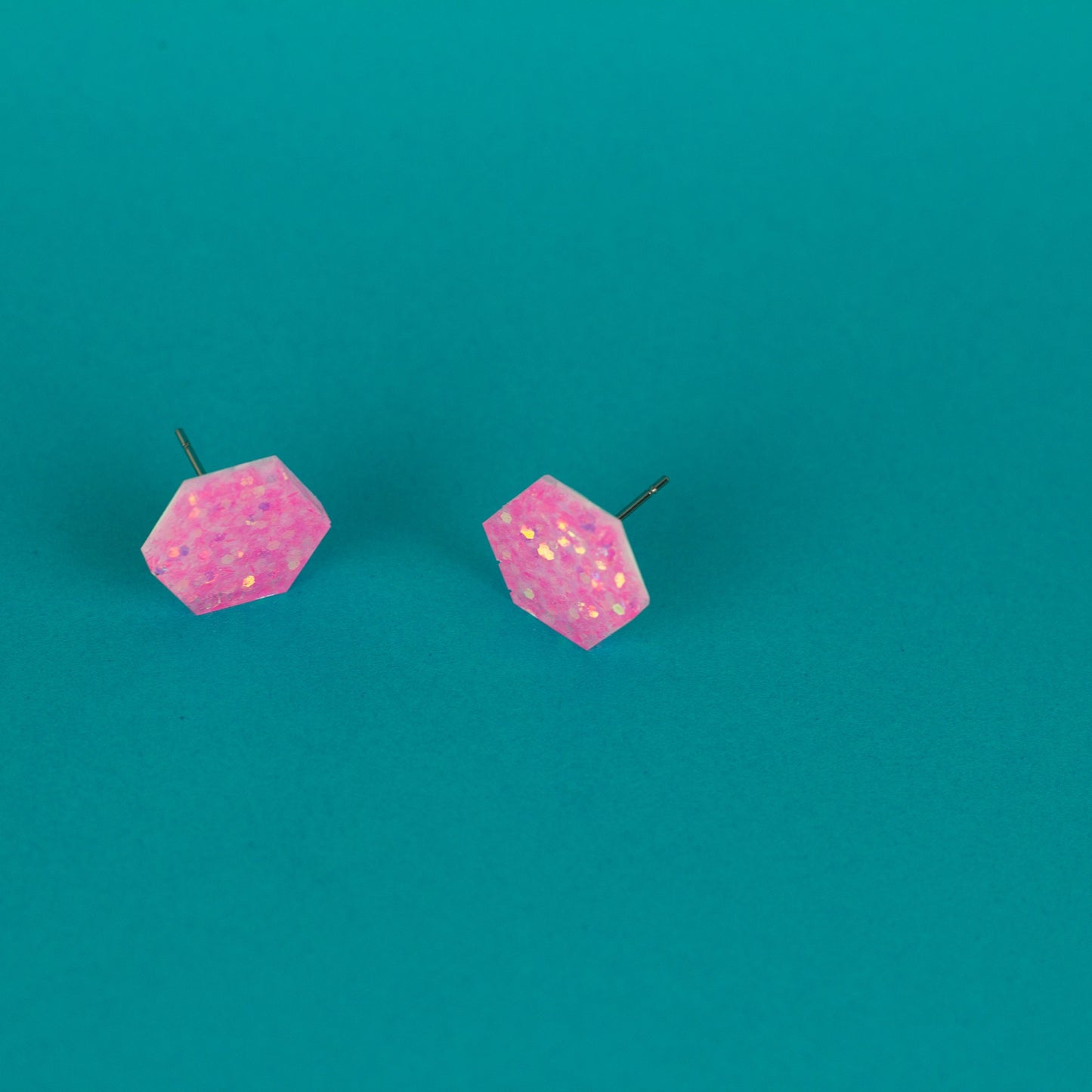 Bubblegum Pink Iridescent Glitter Hexagon Earrings