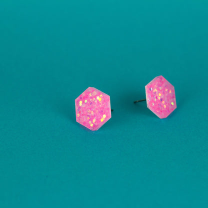 Bubblegum Pink Iridescent Glitter Hexagon Earrings