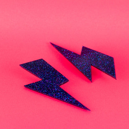 Large Violet Purple Glitter Lightning Bolt Earrings