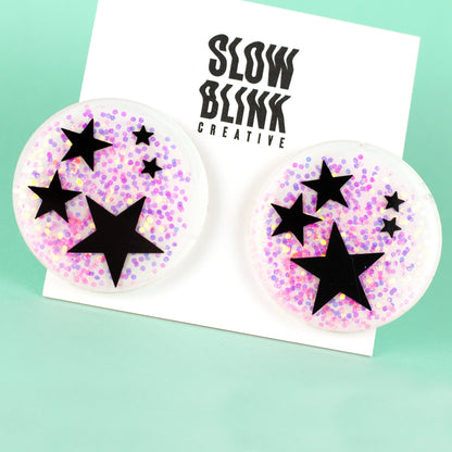 Black Stars + Iridescent Pink Glitter Kidcore Disc Earrings