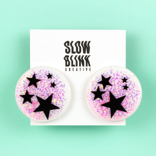 Black Stars + Iridescent Pink Glitter Kidcore Disc Earrings