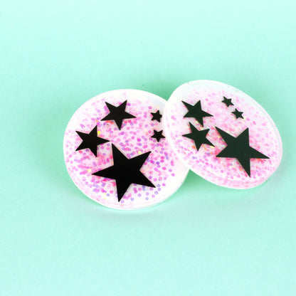 Black Stars + Iridescent Pink Glitter Kidcore Disc Earrings