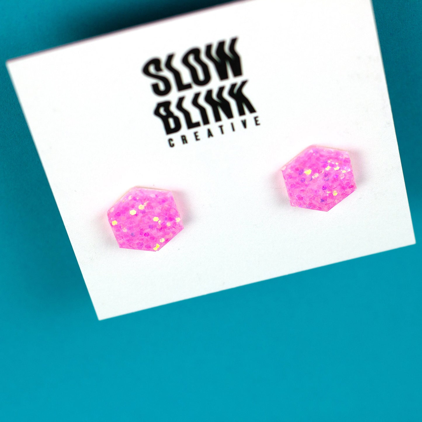 Bubblegum Pink Iridescent Glitter Hexagon Earrings