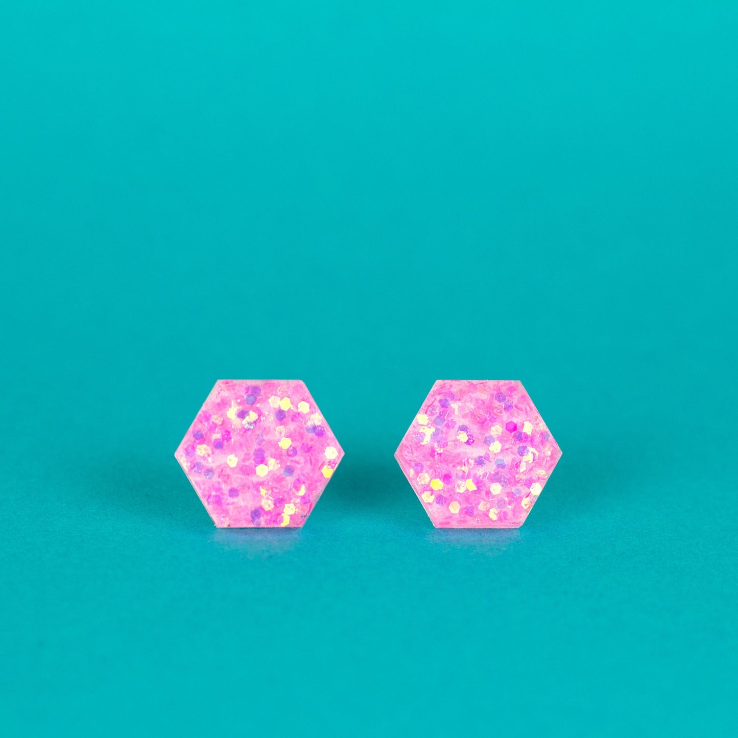 Bubblegum Pink Iridescent Glitter Hexagon Earrings