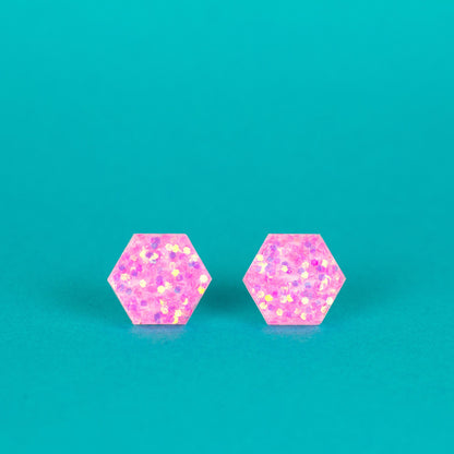 Bubblegum Pink Iridescent Glitter Hexagon Earrings