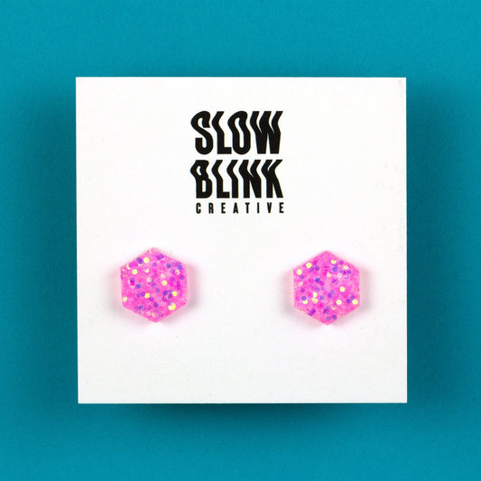 Bubblegum Pink Iridescent Glitter Hexagon Earrings