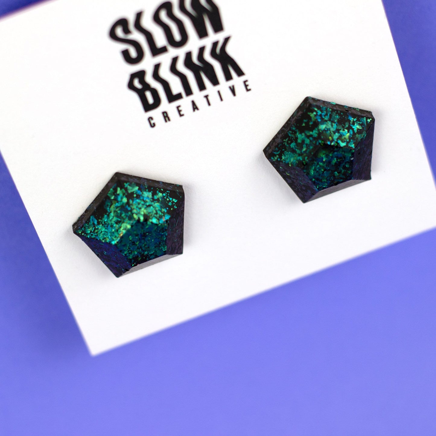 Iridescent Emerald Green Pentagon Matte Jewel Earrings