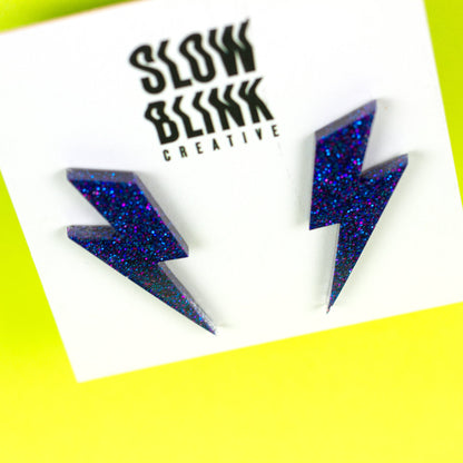 Violet Purple Glitter Medium Lightning Bolt Earrings