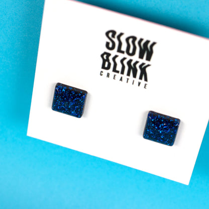 Square Blue Glitter Earrings