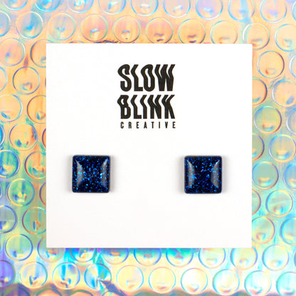 Square Blue Glitter Earrings