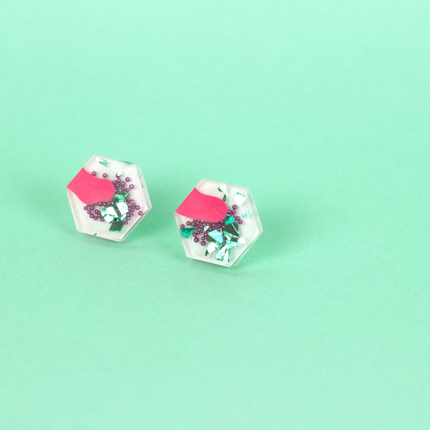 White, Pink, Purple + Teal, Colourful Hexagon Earrings