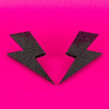 Large Holographic Black Glitter Lightning Bolt Earrings