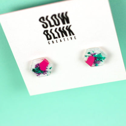 White, Pink, Purple + Teal, Colourful Hexagon Earrings