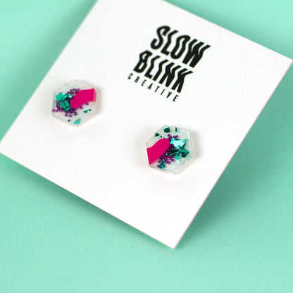 White, Pink, Purple + Teal, Colourful Hexagon Earrings