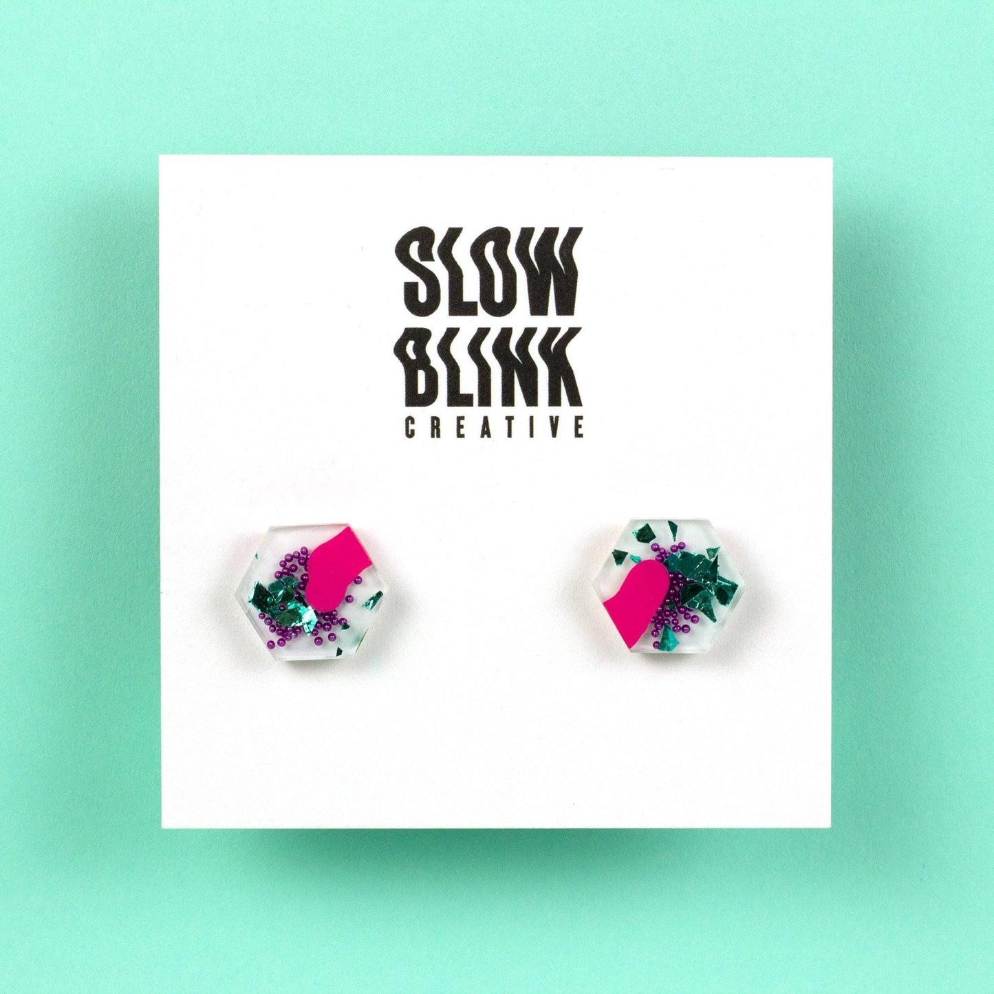 White, Pink, Purple + Teal, Colourful Hexagon Earrings