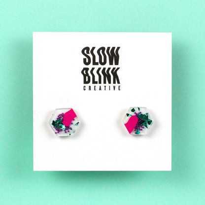 White, Pink, Purple + Teal, Colourful Hexagon Earrings