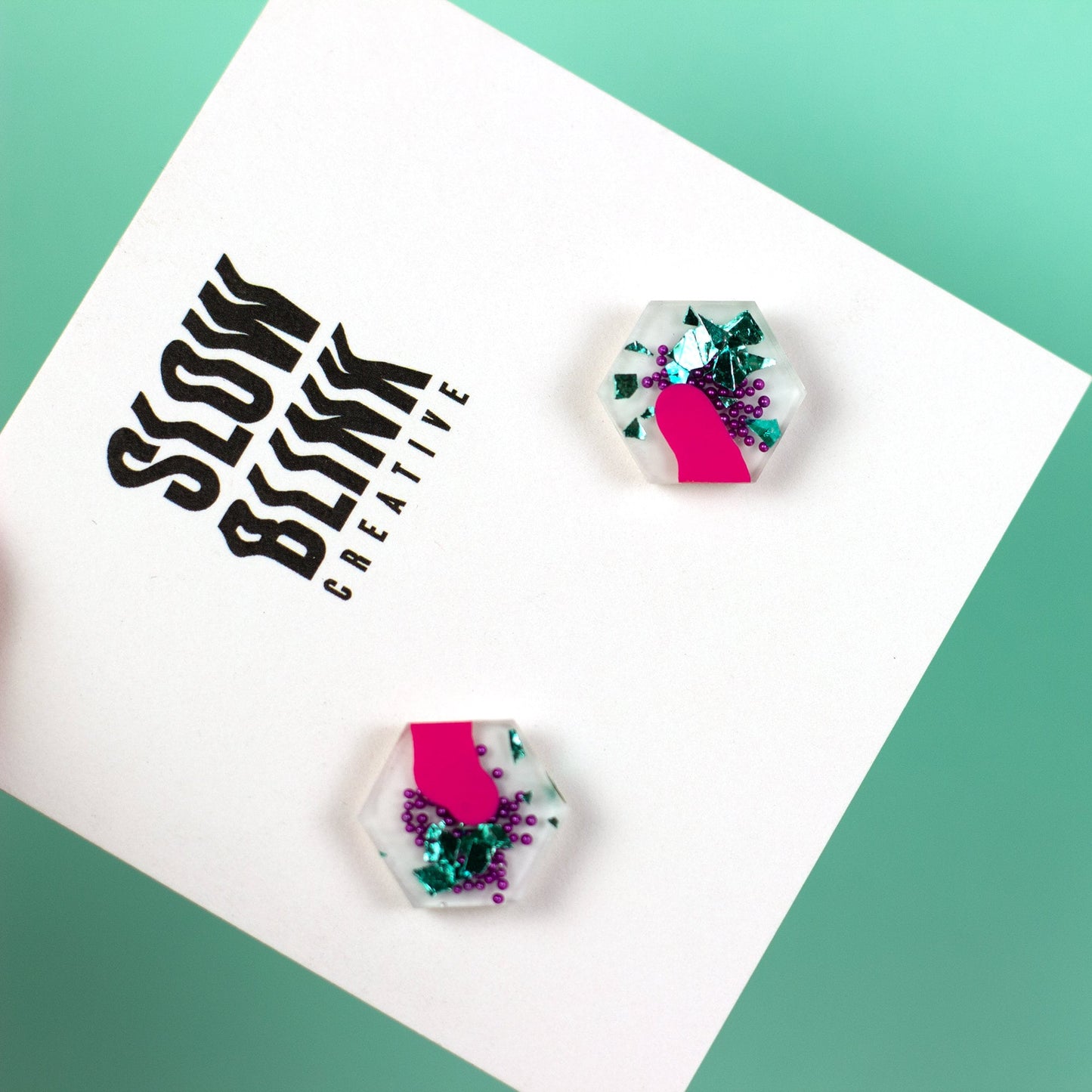 White, Pink, Purple + Teal, Colourful Hexagon Earrings