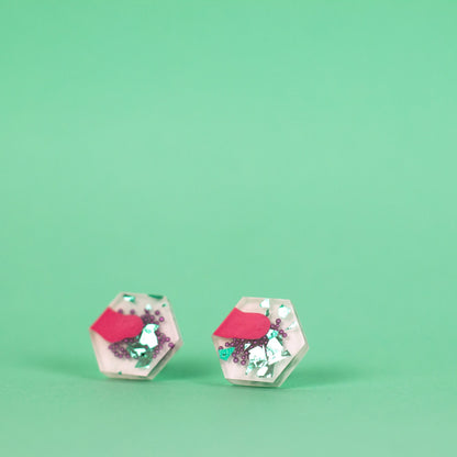 White, Pink, Purple + Teal, Colourful Hexagon Earrings