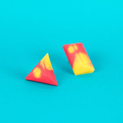 Red + Yellow Mismatched Earrings With Matte Finish