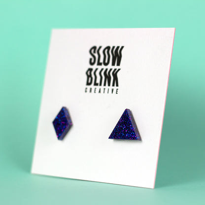 Mismatched Diamond + Triangle Violet Glitter Earrings