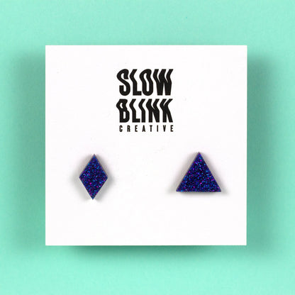 Mismatched Diamond + Triangle Violet Glitter Earrings