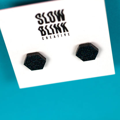 Black Hexagon Earrings With Holographic Glitter