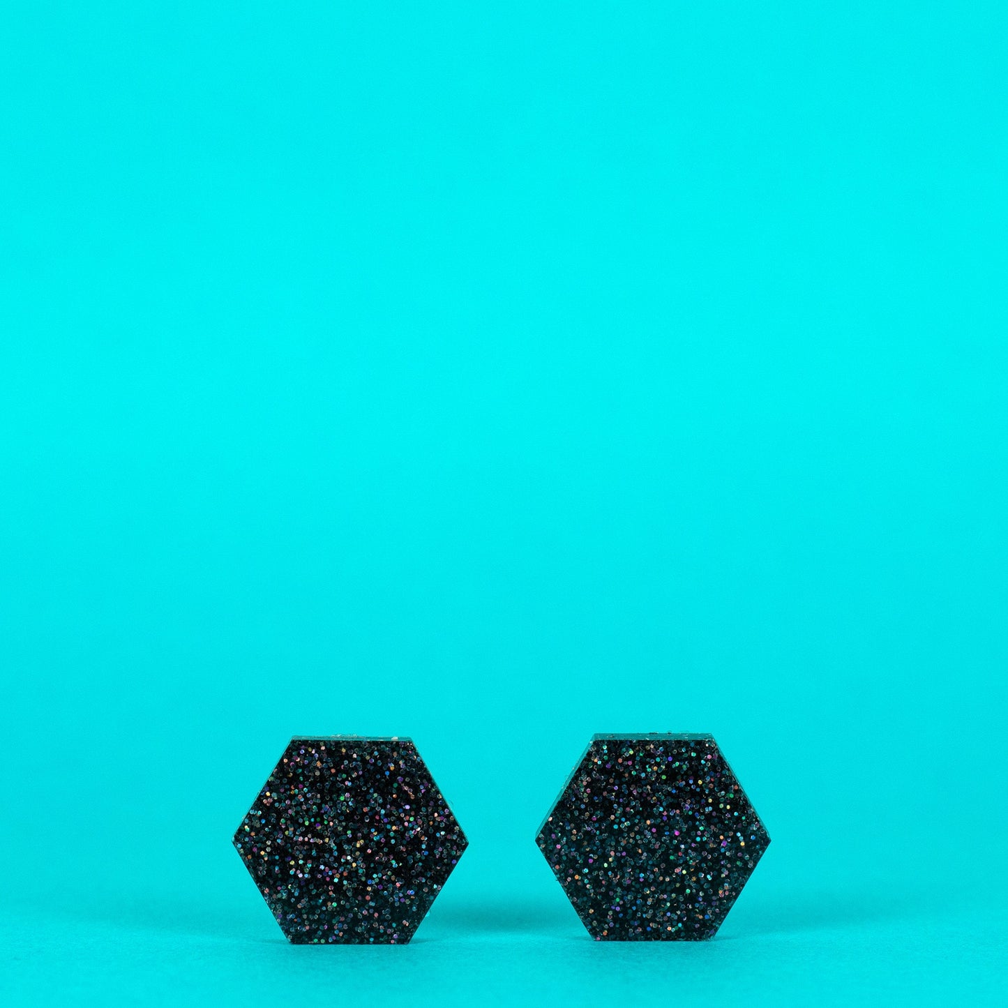 Black Hexagon Earrings With Holographic Glitter