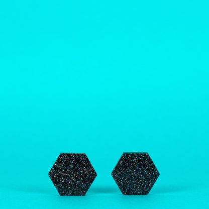 Black Hexagon Earrings With Holographic Glitter