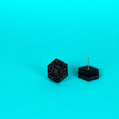 Black Hexagon Earrings With Holographic Glitter