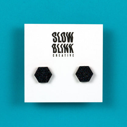 Black Hexagon Earrings With Holographic Glitter