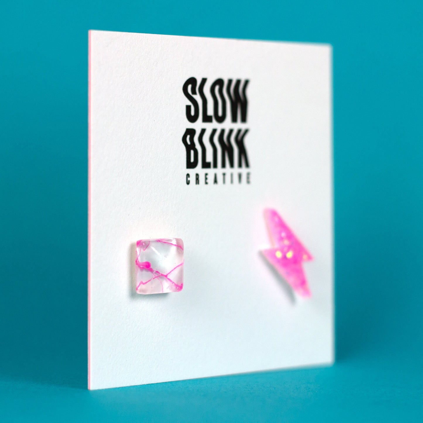 Pink + White Mismatched Square + Lightning Bolt Earrings