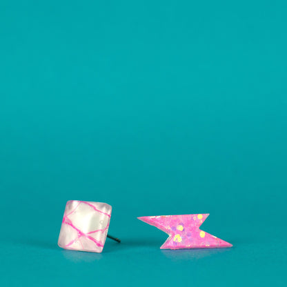 Pink + White Mismatched Square + Lightning Bolt Earrings