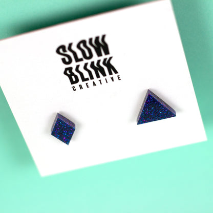 Mismatched Diamond + Triangle Violet Glitter Earrings