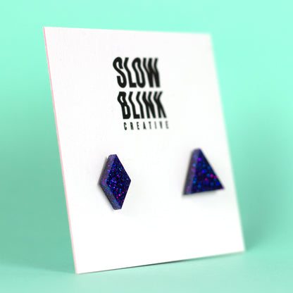 Mismatched Diamond + Triangle Violet Glitter Earrings