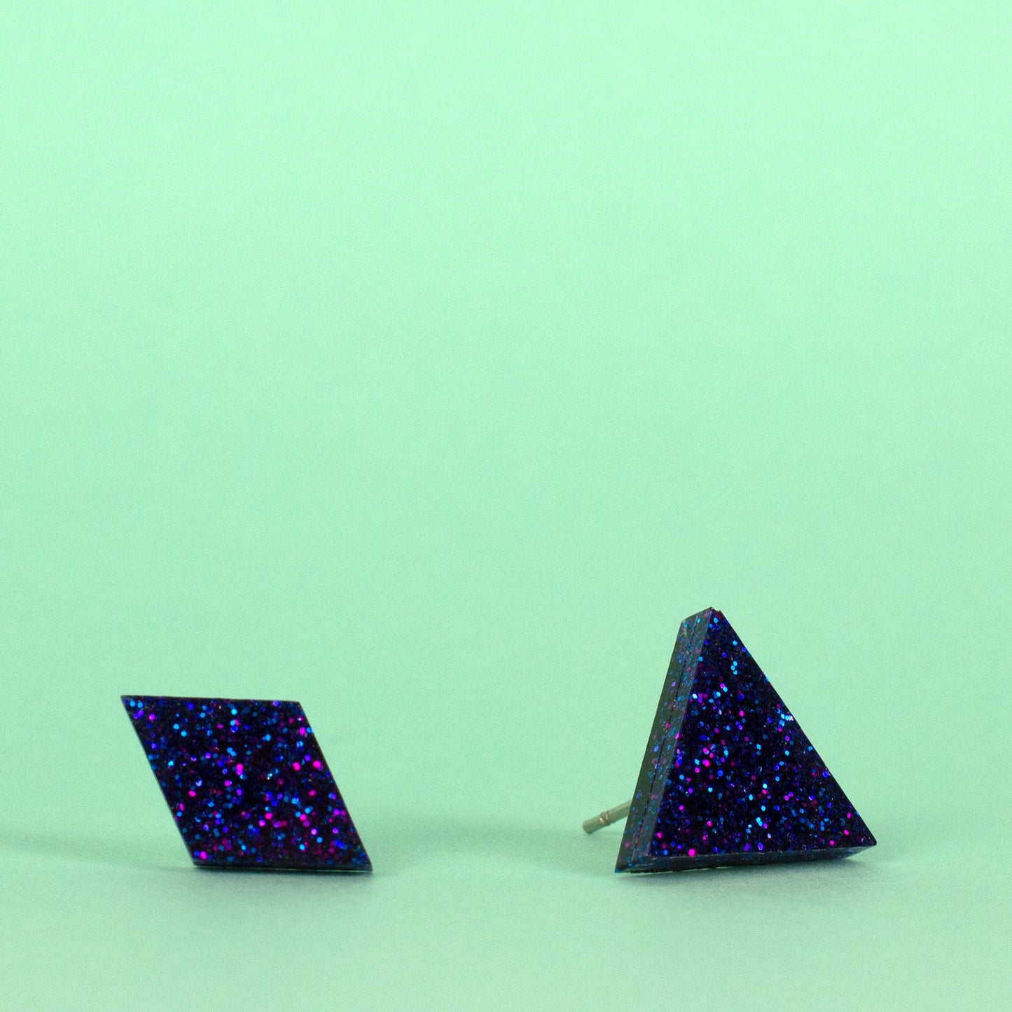 Mismatched Diamond + Triangle Violet Glitter Earrings