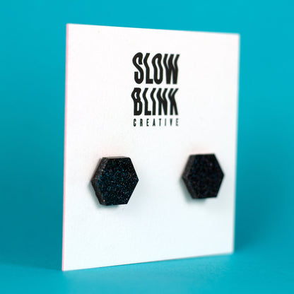 Black Hexagon Earrings With Holographic Glitter