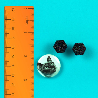 Black Hexagon Earrings With Holographic Glitter